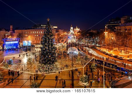 Xtree with new year decorations on the Sophia's Square in the center of Kiev, Ukraine. 13 january 2017