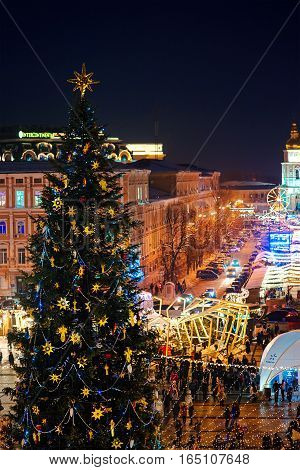 Xtree with new year decorations on the Sophia's Square in the center of Kiev, Ukraine. 13 january 2017