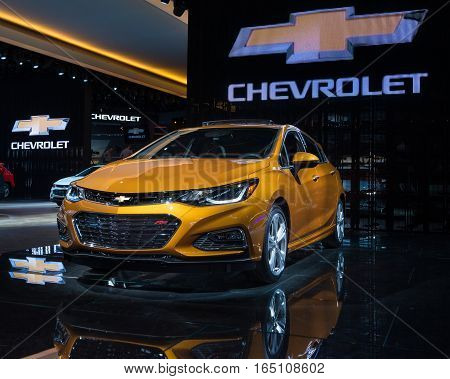 DETROIT MI/USA - JANUARY 9 2017: A 2017 Chevrolet Cruise Premier RS car at the North American International Auto Show (NAIAS).