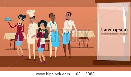 Restaurant Stuff Cook And Waiters Service Mix Race Group Cafe Interior Flat Vector Illustration