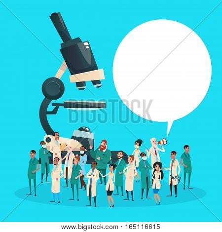 Group Medial Doctors Team Scientist Working Microscope Research Chemical Laboratory Flat Vector Illustration