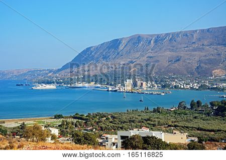 CHANIA, CRETE - SEPTEMBER 16, 2016 - Ferries moored in the port with views along the coastline Chania Crete Greece Europe, September 16, 2016.