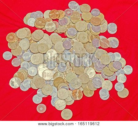 Romanian coins 50 bani 10 bani bunch money from copper metal golden close up texture background