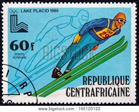 CENTRAL AFRICAN REPUBLIC - CIRCA 1979: a stamp printed in Central African Republic shows Ski Jump 13th Winter Olympics Games Lake Placid circa 1979