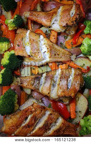 Fish dish - fried fish with broccoli and vegetables. Dietary menu. Fish menu.