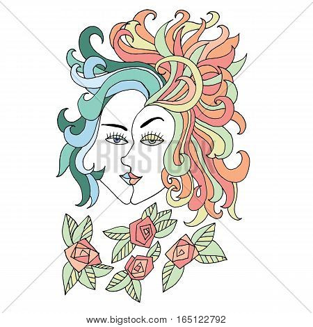 Girl with two faces and flowers. Winter and spring illustration