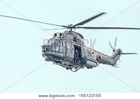 Bucharest, Romania - September 5, 2015. Aerobatic Elicopter Pilots Training In The Sky Of The City.