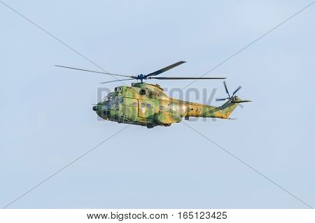 Bucharest, Romania - September 5, 2015. Aerobatic Elicopter Pilots Training In The Sky Of The City.