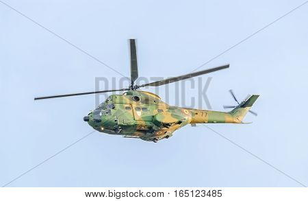 Bucharest, Romania - September 5, 2015. Aerobatic Elicopter Pilots Training In The Sky Of The City.