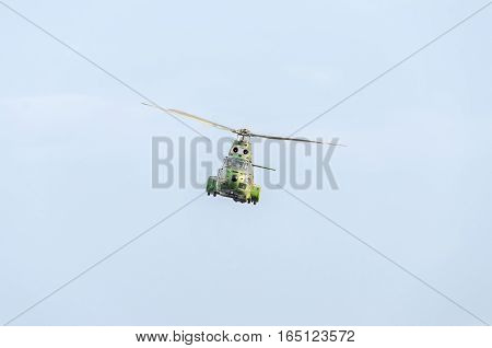 Bucharest, Romania - September 5, 2015. Aerobatic Elicopter Pilots Training In The Sky Of The City.