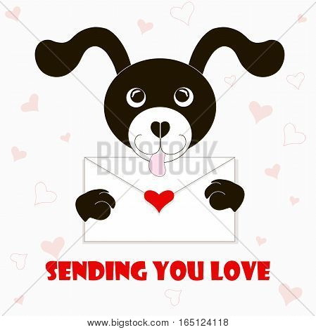Typography banner Sending you love, black and white cartoons dog with envelope, red hearts, stock vector illustration