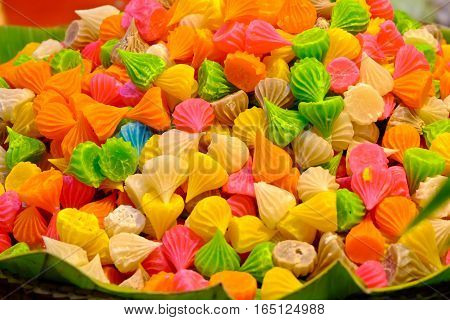 Aalaw candy colorful Thai dessert with sugar crust and soft chewy inside made from flourselective focus