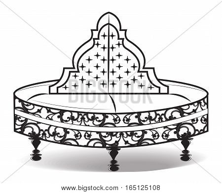 Vintage round sofa ornamented. Vector illustration isolated on white background. Vintage Gothic style furniture. Hermitage decorated collection