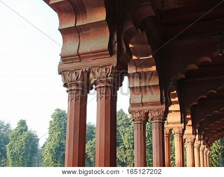 Pillars in the Red Fort Diwan E Aam Building Delhi India.