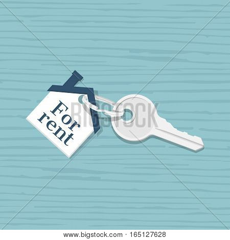 House key with trinket house shaped, isolated on a wooden table background. Rental estate. Sale property template. Vector illustration flat design. Tag as house.