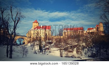 Winter landscape with a beautiful Gothic castle Veveri. Brno city - Czech Republic - Central Europe.