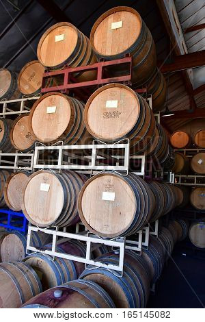 San Luis Obispo USA - july 15 2016 : barrel in the cellar of the Claiborne and Churchhill winery