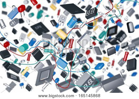 3D render of a variety of electronic components on a white background