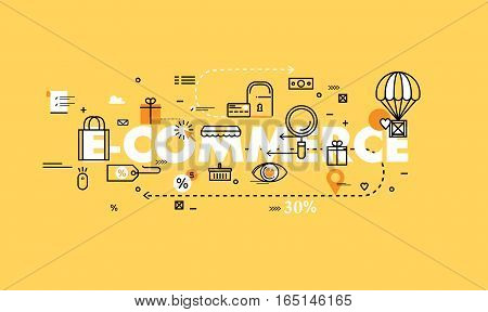 Word e-commerce flat line business vector illustration design banner. Concepts for online order and payment, e-commerce, delivery process, purchasing and online shopping for mobile and web graphics