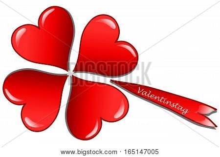 Four hearts in form of a clover leaf and the german word for valentine`s day (Valentinstag), 3D illustration