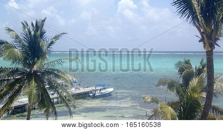 Beautiful view of Caribbean Sea with a palm tree lined coast.