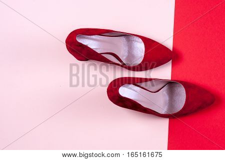 Fashion. Red female high-heeled shoes. Stylish Trendy heels Summer fashion girl Outfit Luxury Party shoes accessories. Hipster Essentials. Minimal fashion concept