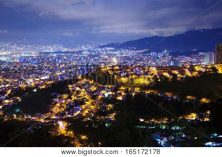 Aerial view of Medellin at night in Colombia