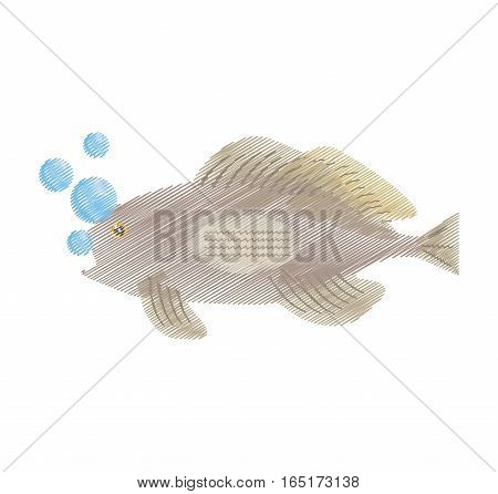 hand drawing grouper fish side view sea life bubbles vector illustration eps 10