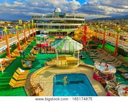 Messina, Italy - May 05, 2014: The upper deck of cruise Ship Norwegian Jade by NCL