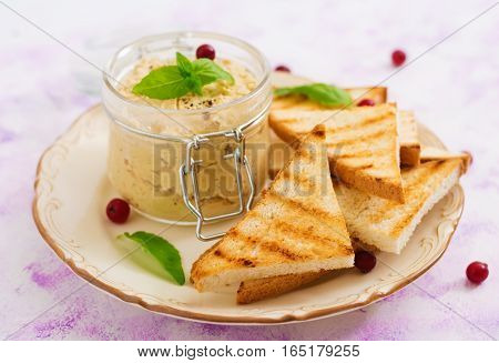 Pate Chicken - Rillette, Toast And Herbs On A Plate