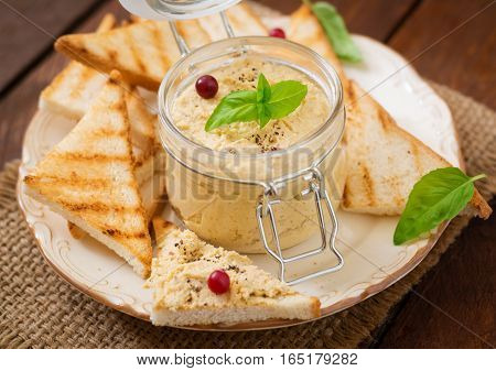 Pate Chicken - Rillette, Toast And Herbs On A Plate