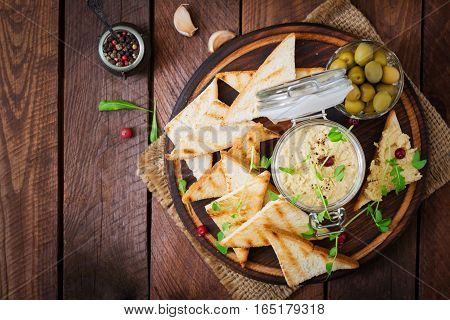 Pate Chicken - Rillette, Toast, Olives And Herbs On A Wooden Board. Flat Lay. Top View