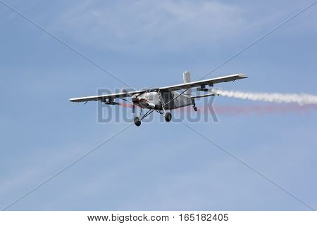 PRACHUAPKIRIKHAN THAILAND - JAN 14 2017: Light aircraft Pilatus PC-6 Finally the masses of the world are stationed of Thai air force flight show on children's day on January 14 2017 in Prachuapkirikhan Thailand.