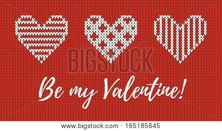 Seamless pattern on the theme of holiday Valentine's Day with an image of the Norwegian and fairisle patterns. White hearts and inscription Be my Valentine on a red background. Wool knitted texture. Vector Illustration