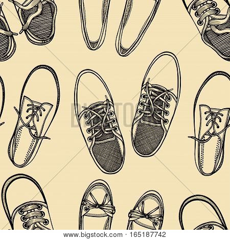Hand drawn sketch seamless pattern of shoes - sneakers. Design element. Coloring book vector. Fashion shoes sneakers background.