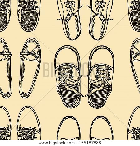 Hand drawn sketch seamless pattern of shoes - sneakers. Design element. Coloring book vector. Fashion shoes sneakers background.