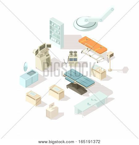 Medical equipment for hospital isometric icons set of special furniture for operating room and  intensive care flat vector illustration