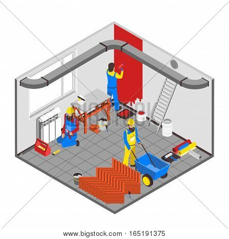 Builder people isometric concept with interior redecoration symbols vector illustration