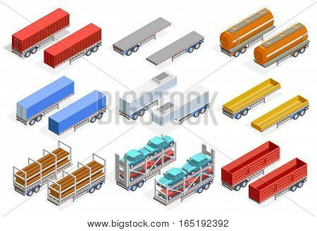 Trailers isometric set of different construction for transportation various kinds of cargo isolated vector illustration
