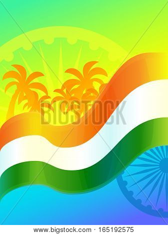 Republic Day in India, 26 January. Vector design element, background with Indian national flag, ashoka wheel and palm trees