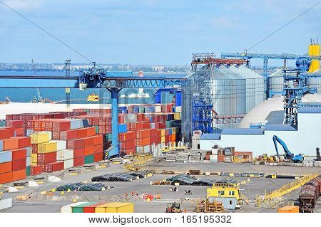 Cargo Container, Pipe And Grain Drayer In Port