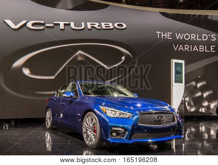 DETROIT MI/USA - JANUARY 10 2017: A 2017 Infiniti Q50 car at the North American International Auto Show (NAIAS).