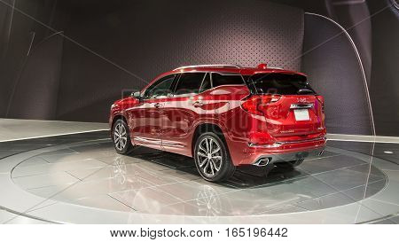 DETROIT MI/USA - JANUARY 10 2017: A 2018 GMC Terrain SUV at the North American International Auto Show (NAIAS).