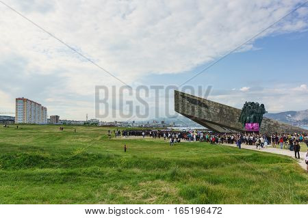 NOVOROSSIYSK RUSSIA - MAY 08.2016: a Rally on the eve of the anniversary of the victory in the war on the territory of the memorial 