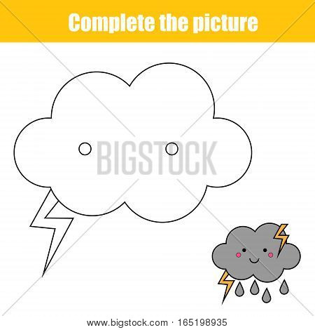 Complete the picture children educational game, coloring page. Kids activity sheet with cute stromy cloud character. Printable drawing worksheet
