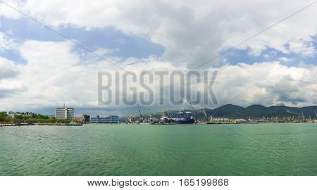 NOVOROSSIYSK RUSSIA - MAY 08.2016: Panorama of Novorossiysk commercial sea port