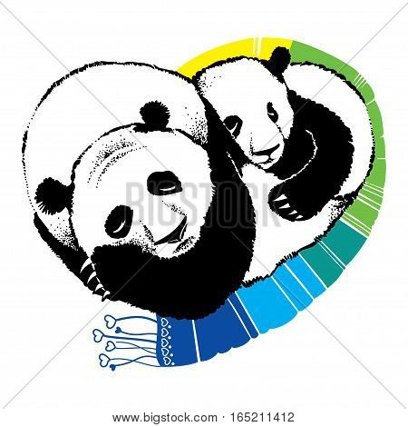 Vector illustration of cute sleeping panda couple in love with striped scarf isolated on white background. Romantic design elements and holiday symbols with animals for Valentine day.