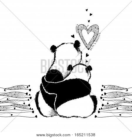 Vector illustration of panda couple in love with ornate hearts in black isolated on white background. Romantic design elements and holiday symbols with animals in contour style for Valentine day.