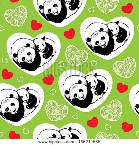 Vector seamless pattern with sleeping panda couple in love and ornate hearts on the green background. Design elements and holiday symbols in contour style for Valentine day. Romantic background.