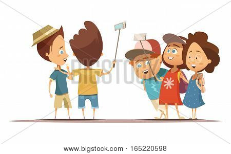 Happy children in summer clothing doing self portrait with help monopod cartoon style vector illustration